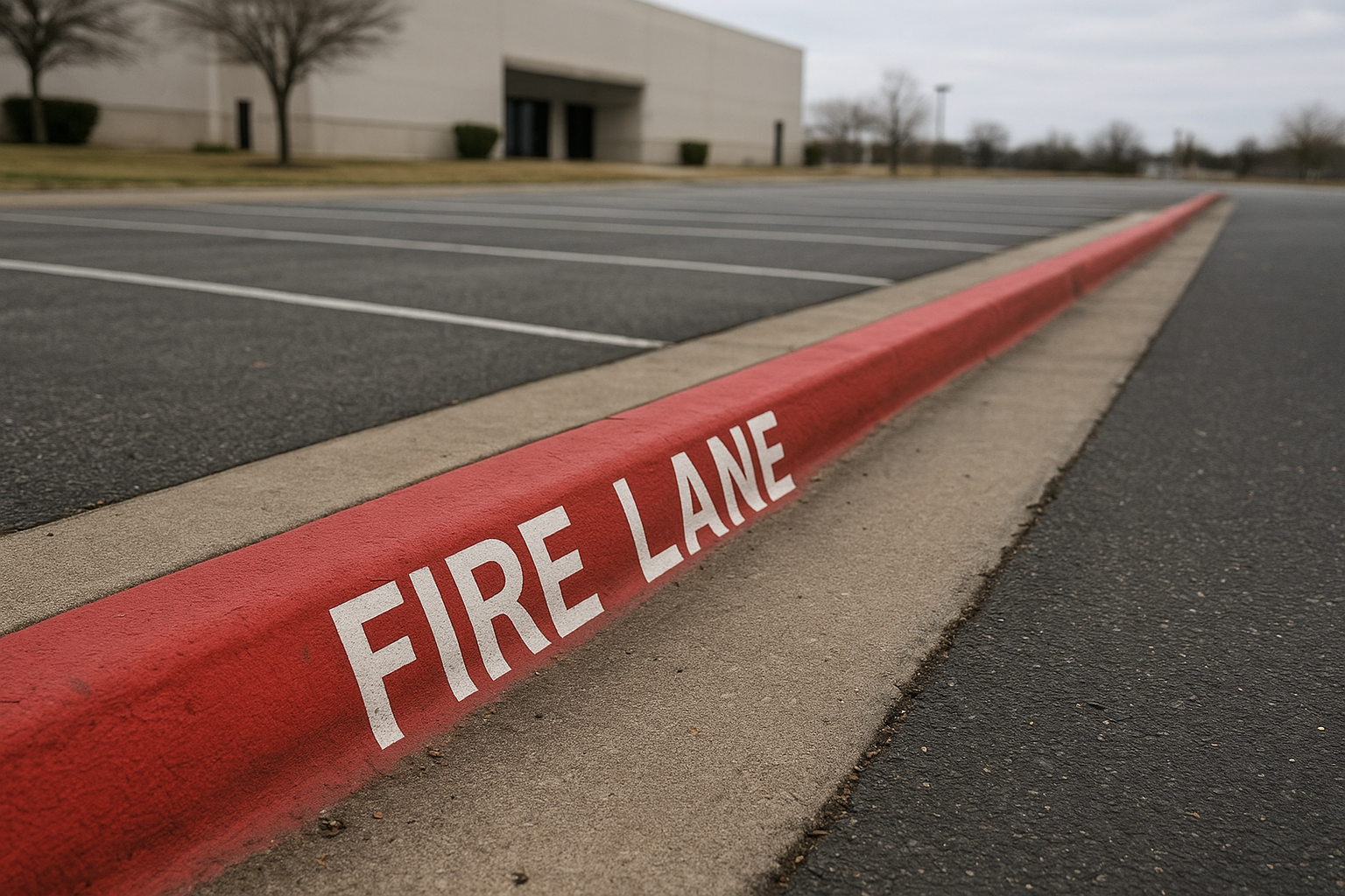 Red fire lane markings painted along a curb during a commercial striping project