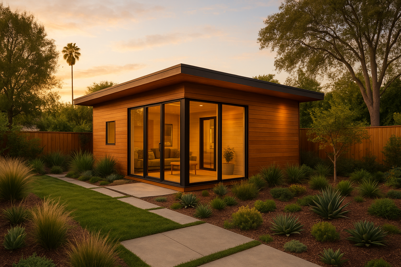 Detached additional dwelling unit with wood siding in a Southern California backyard