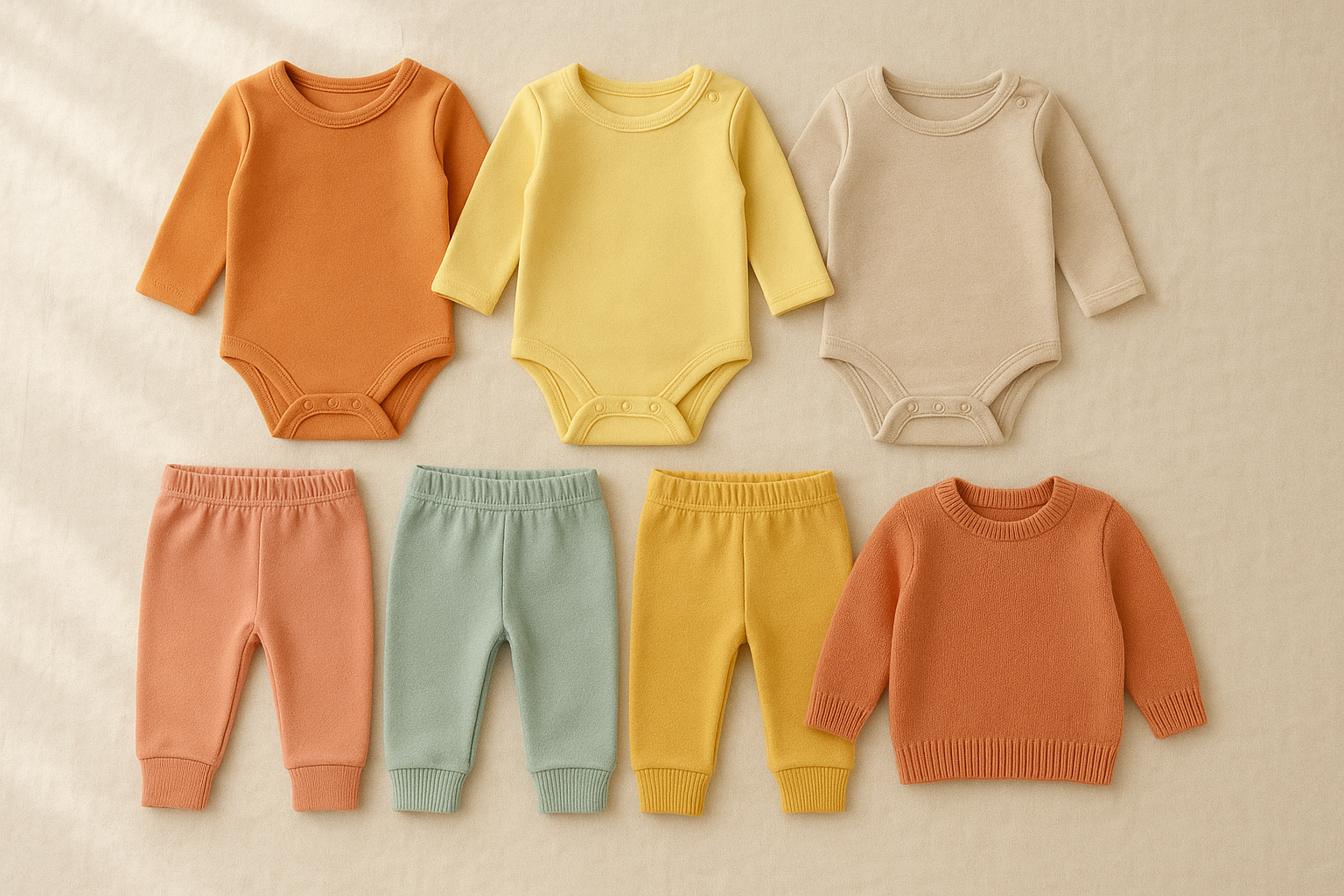 Curated subscription service for baby clothes bundle laid out on a cream linen surface
