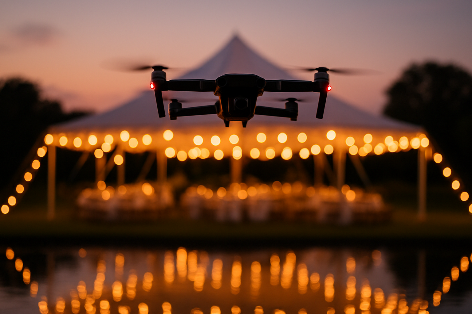 Drone hovering above an outdoor Louisiana wedding reception tent at dusk