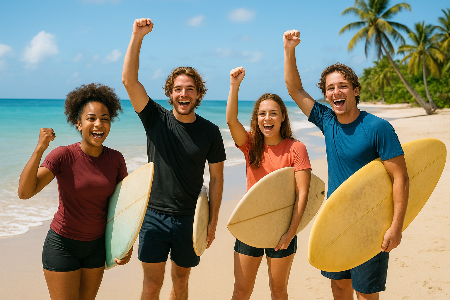 Group of beginner surfers celebrating success after wave riding coaching session on the beach