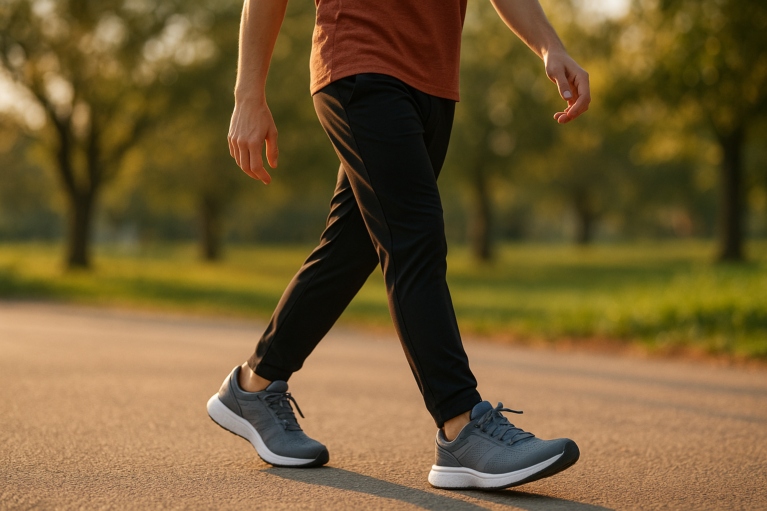Person walking comfortably outdoors after being fitted with therapeutic foot orthotics