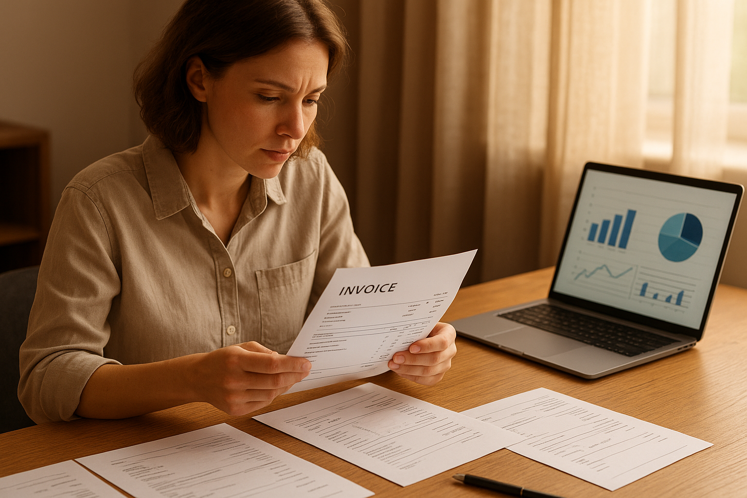Small business owner reviewing invoice factoring for small businesses nationwide paperwork at desk