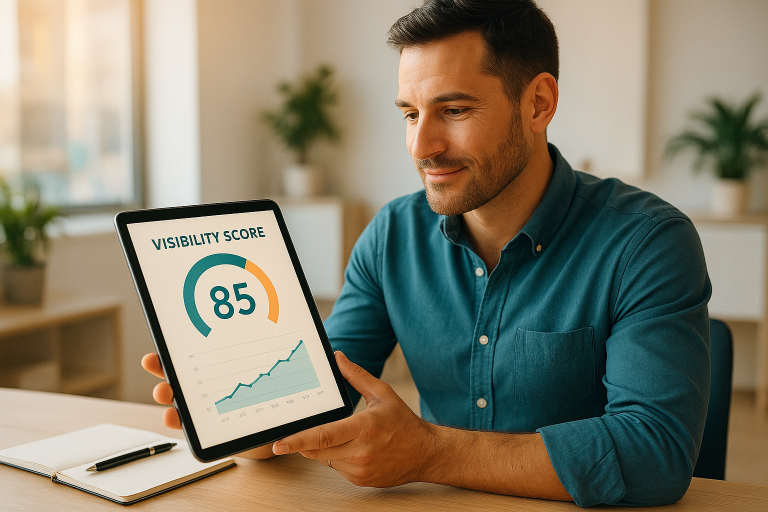 Small business owner reviewing a Rank Authority Score chart for online visibility automation results