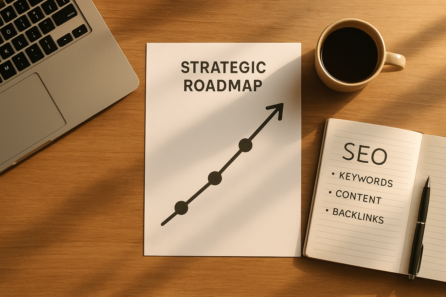 Strategic roadmap laid out on a desk representing a step-by-step plan to build and improve authority rank