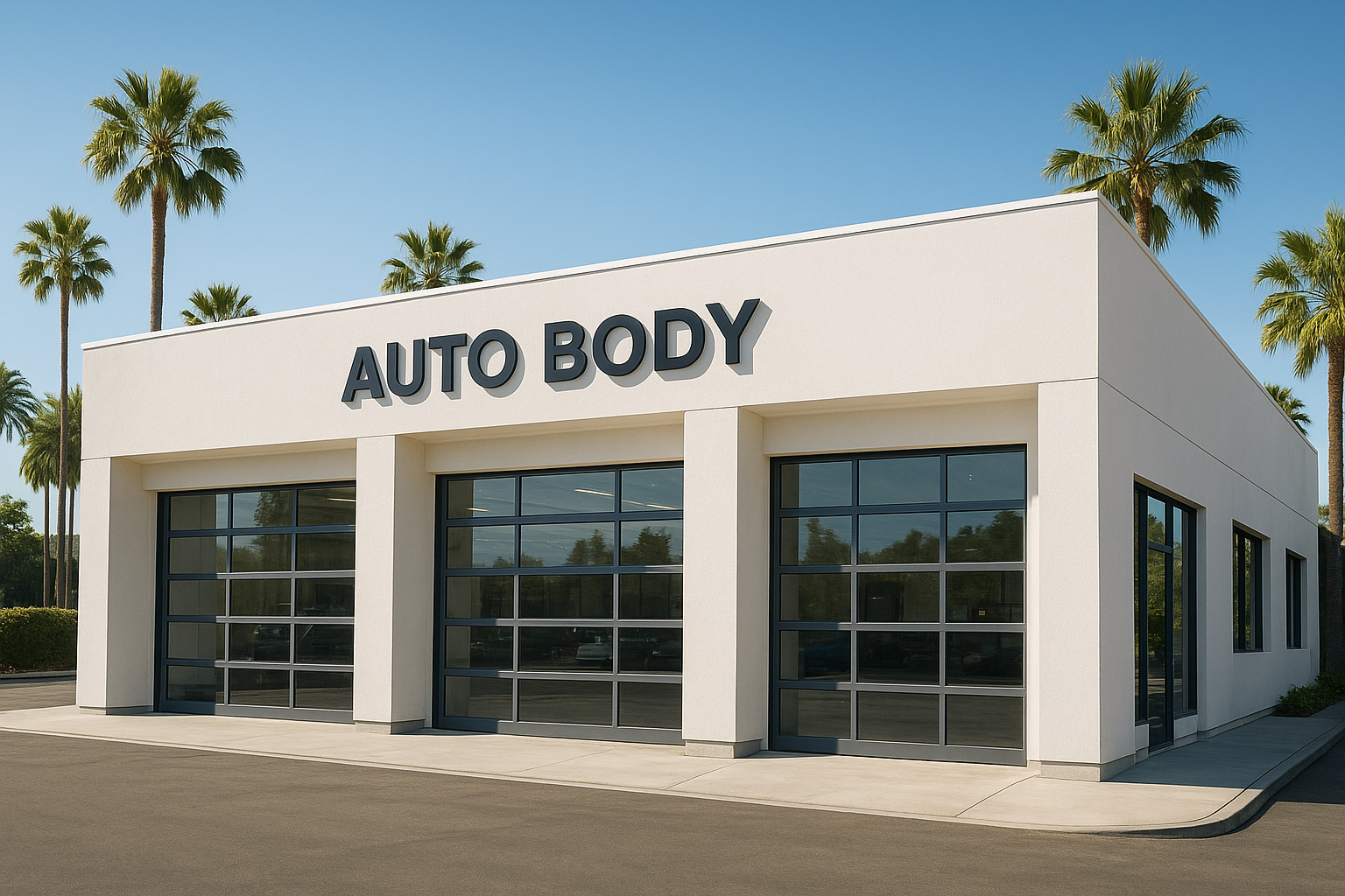 Exterior of a professional brea body shop on a sunny California day