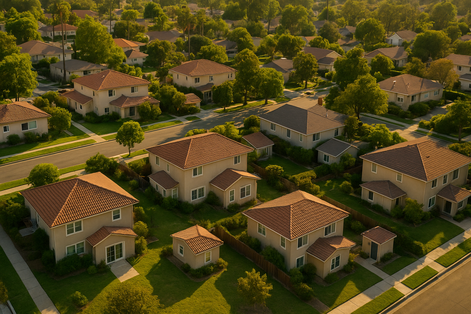 Aerial view of Southern California neighborhood with ADU structures built through various financing strategies