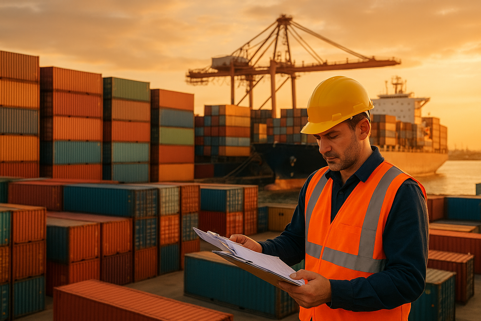 Freight forwarder reviewing cargo documentation at a shipping port with containers