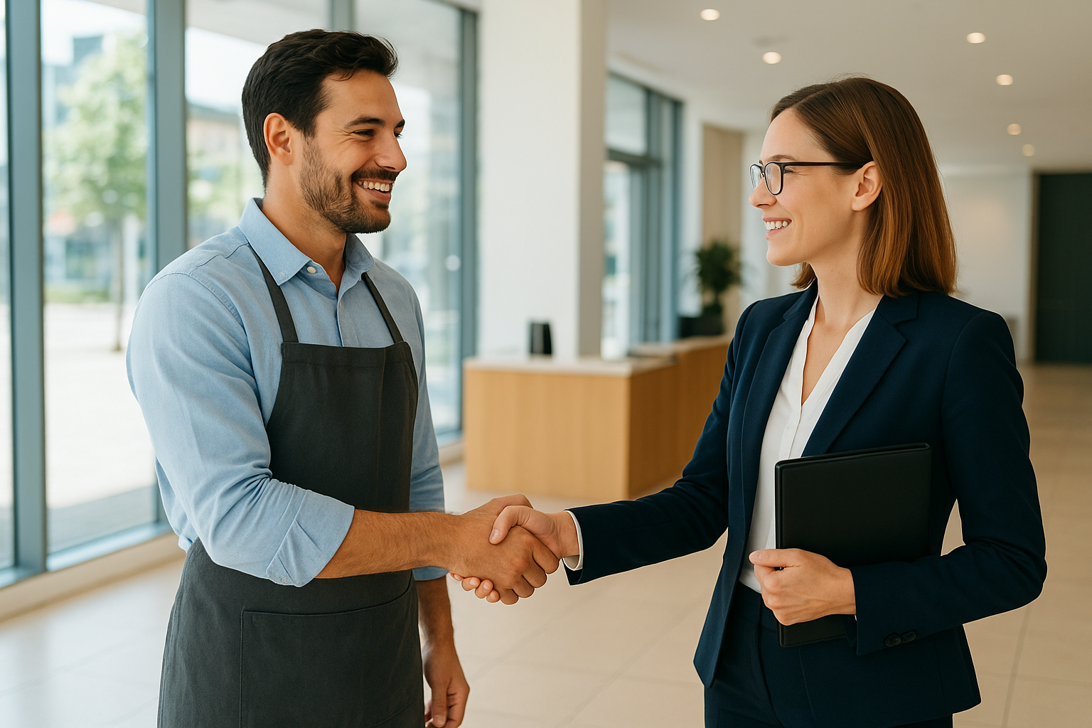 Business owner shaking hands with an outsourced HR administration consultant in an office lobby