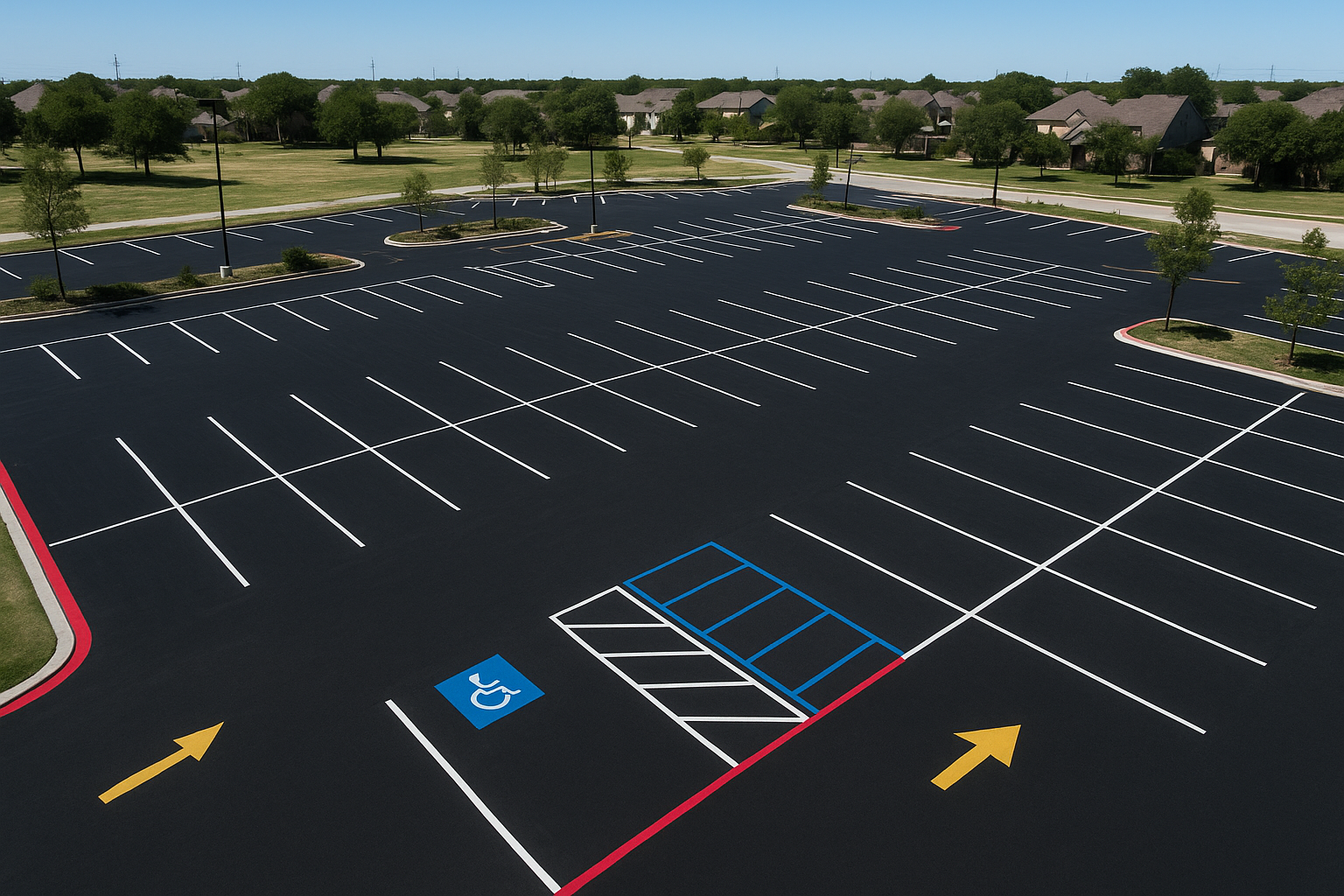 Aerial view of road marking services Texas commercial parking lot with ADA stalls and fire lane markings