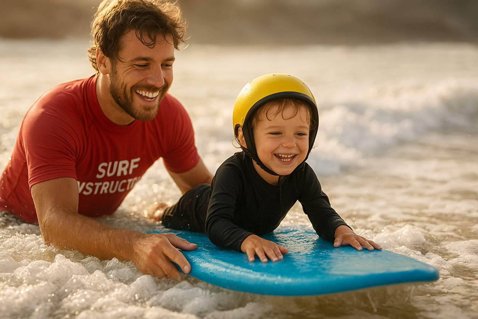 Surf instructor guiding a young child through white water waves in Waikiki