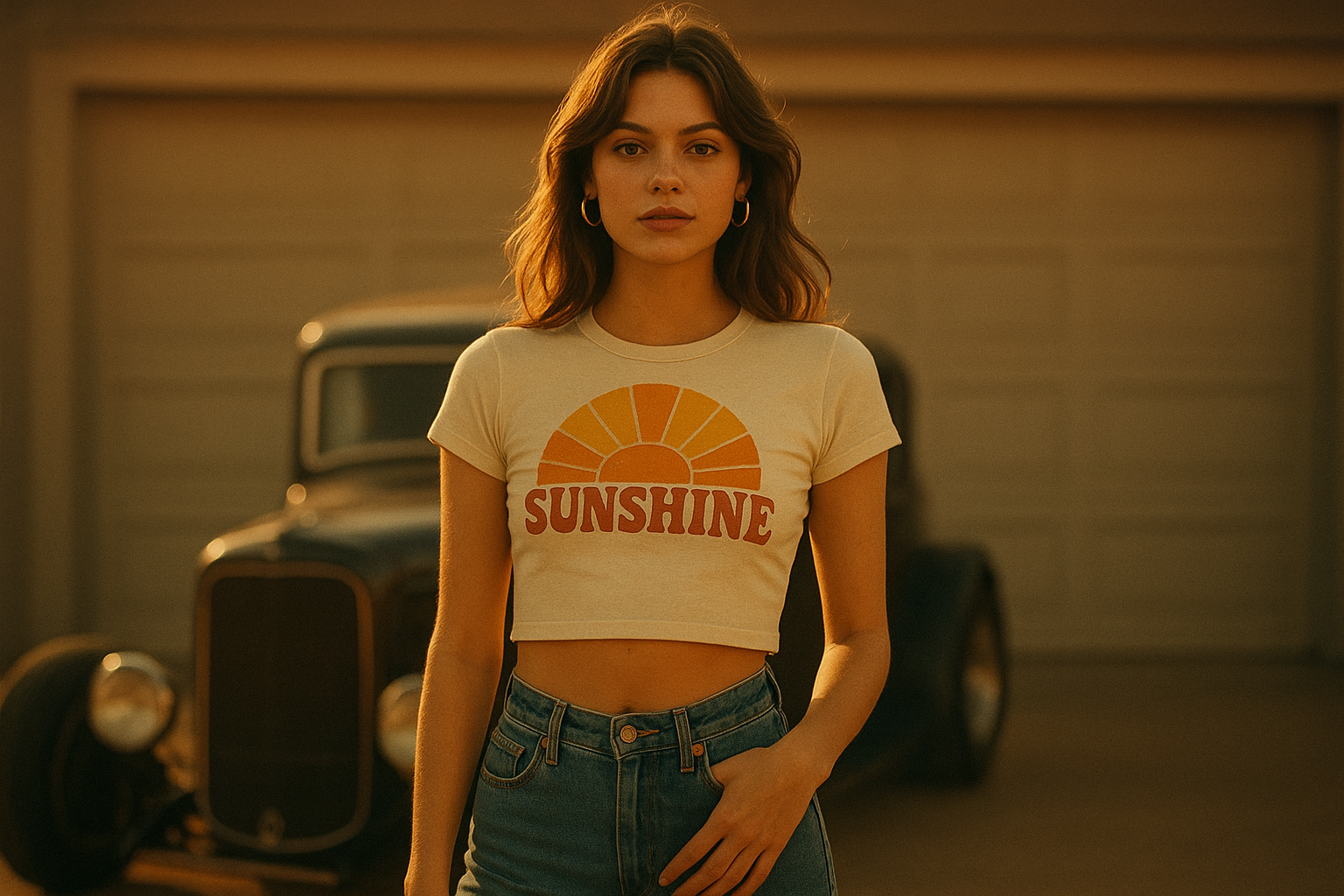 Woman wearing fashionable crop tops with vintage hot rod graphic and high-waisted denim