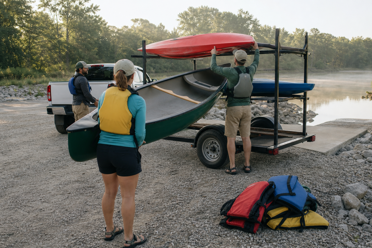 Outfitter staff loading canoes and kayaks onto a shuttle trailer at a river launch point
