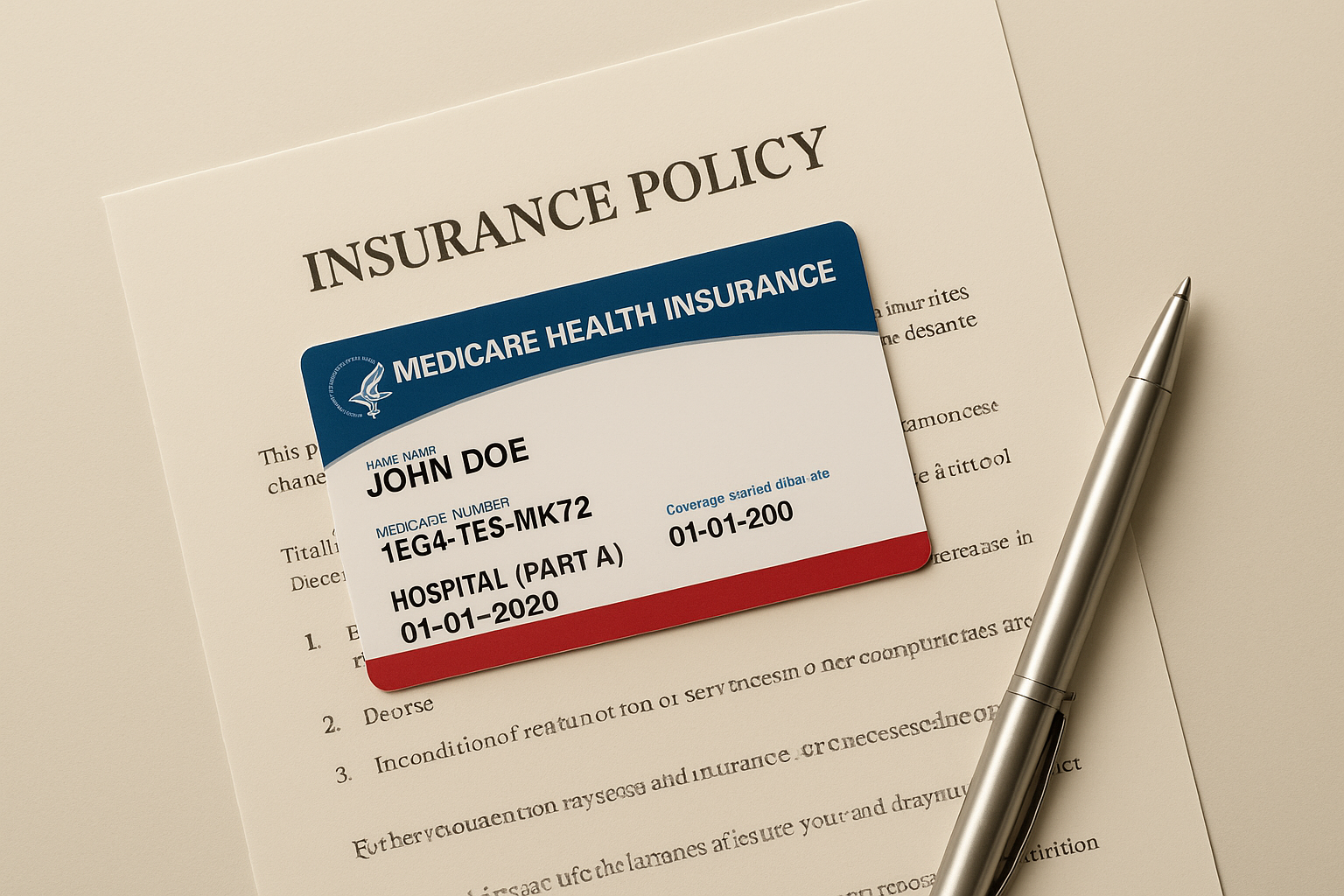 Medicare card next to Medicare supplement insurance policy paperwork and pen