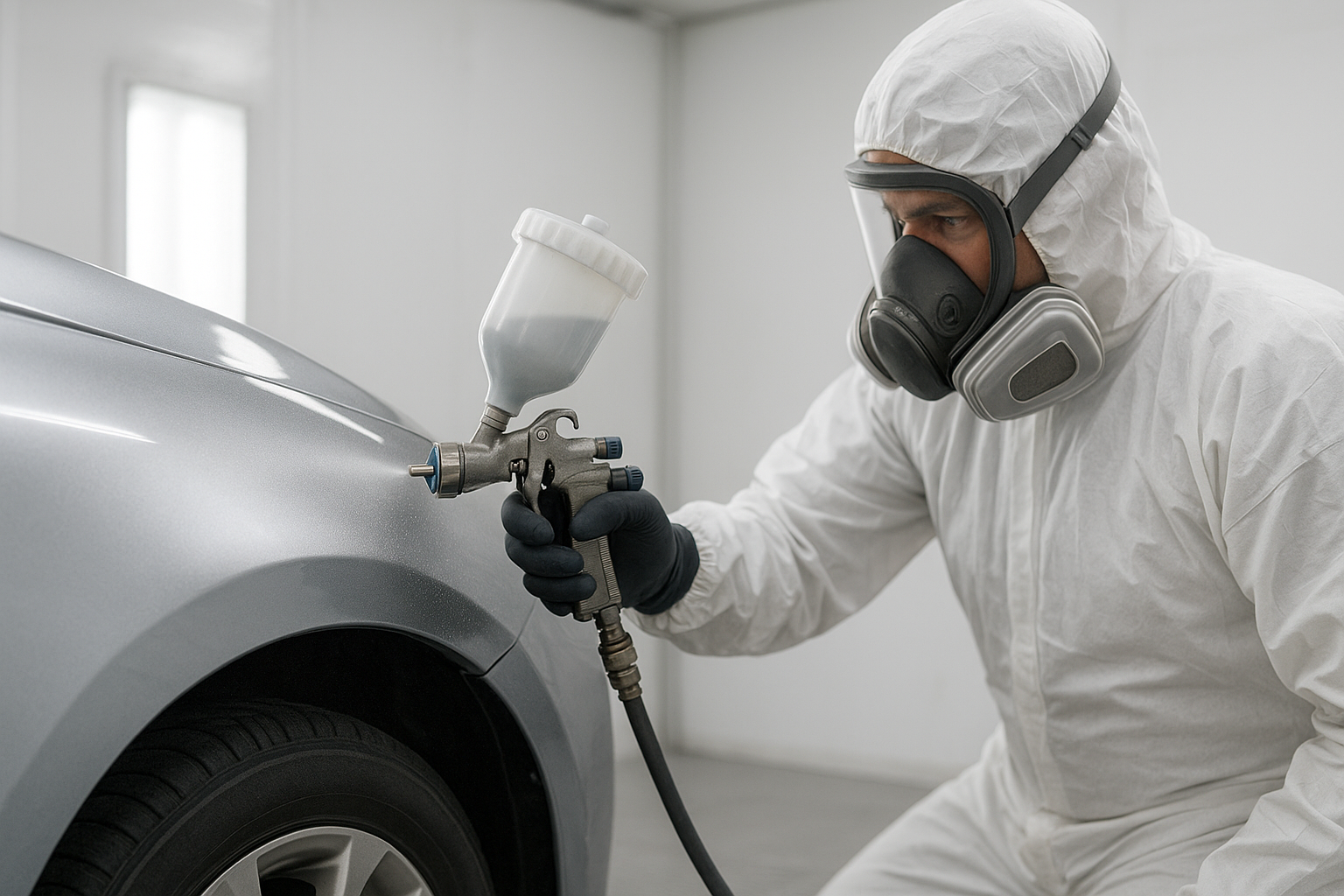 Technician applying factory-matched paint in a spray booth as part of auto body restoration in Brea California