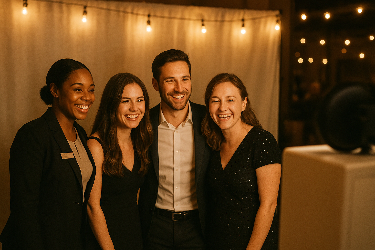 Staff attendant helping guests during a photo booth rental with staff attendant at an evening event