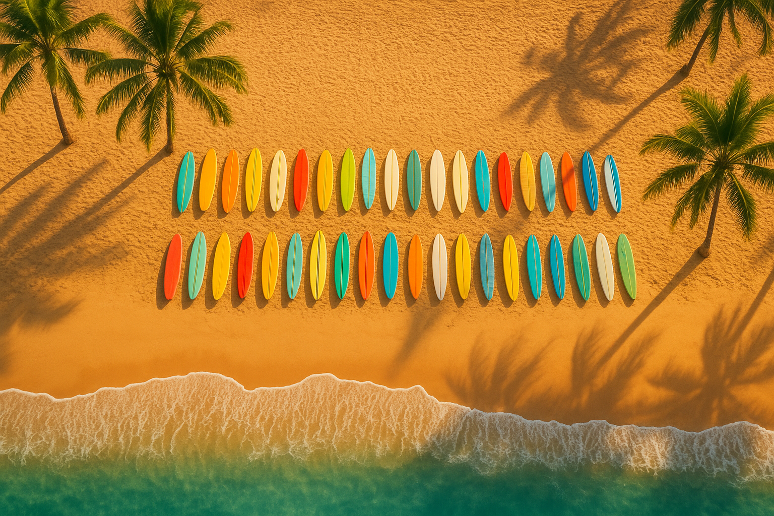 Colorful foam surfboards lined up on a Hawaiian beach ready for beginner surf lessons