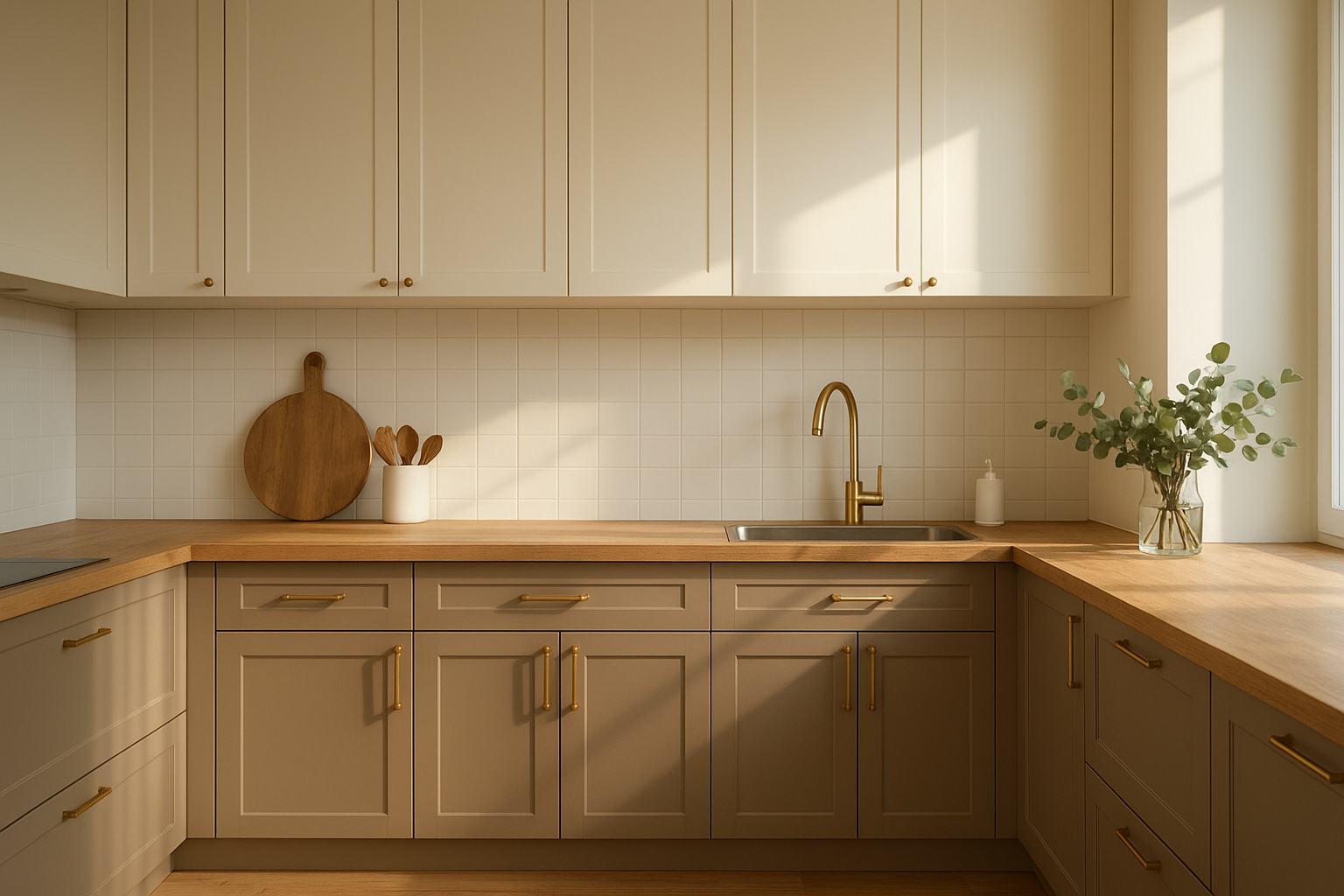 Modern kitchen showing current kitchen cabinet color trends with greige and cream two-tone cabinetry