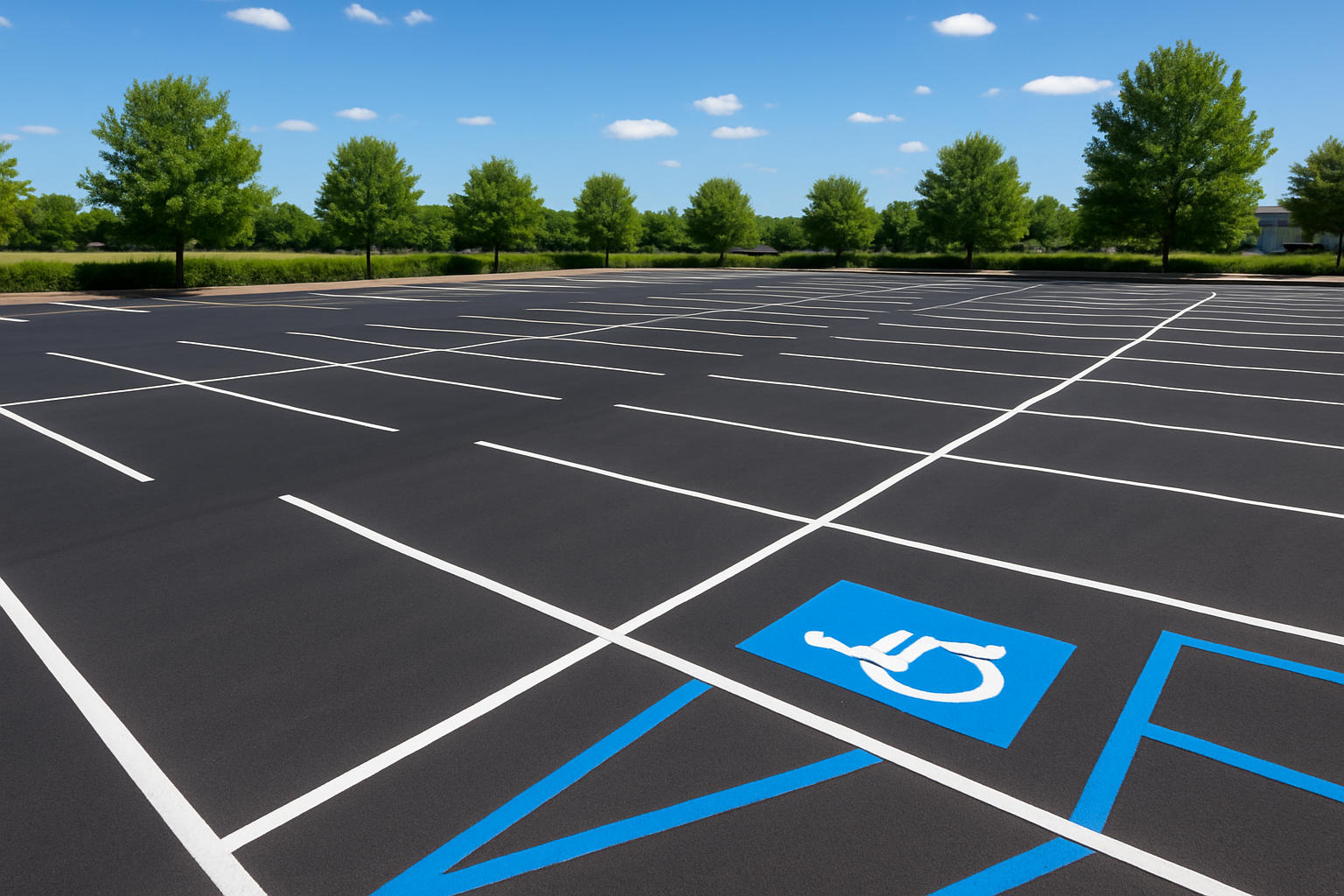 Asphalt striping freshly applied on a commercial parking lot showing white stall lines and ADA accessible space markings