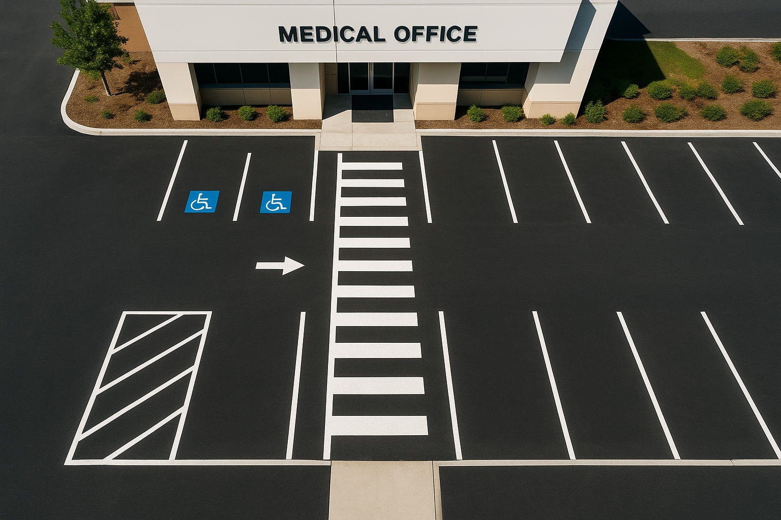 Freshly painted ADA accessible parking symbol and van-accessible stall outside a Texas medical office