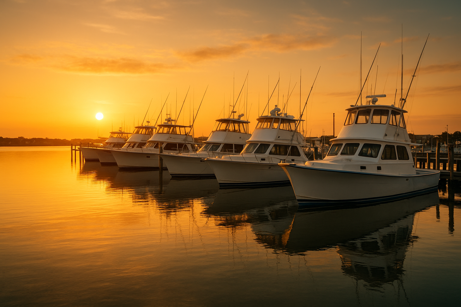 Best fishing charter boats in Myrtle Beach docked at a marina in early morning light
