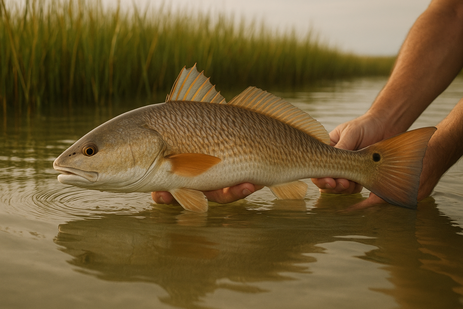 Red drum being released into a North Myrtle Beach marsh creek during an inshore charter