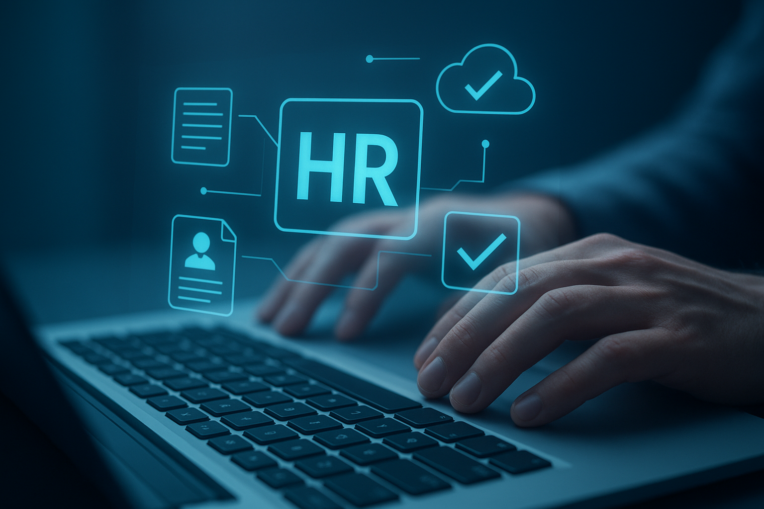 Hands typing on a laptop with HR compliance and cloud icons overlay representing HR system cloud technology