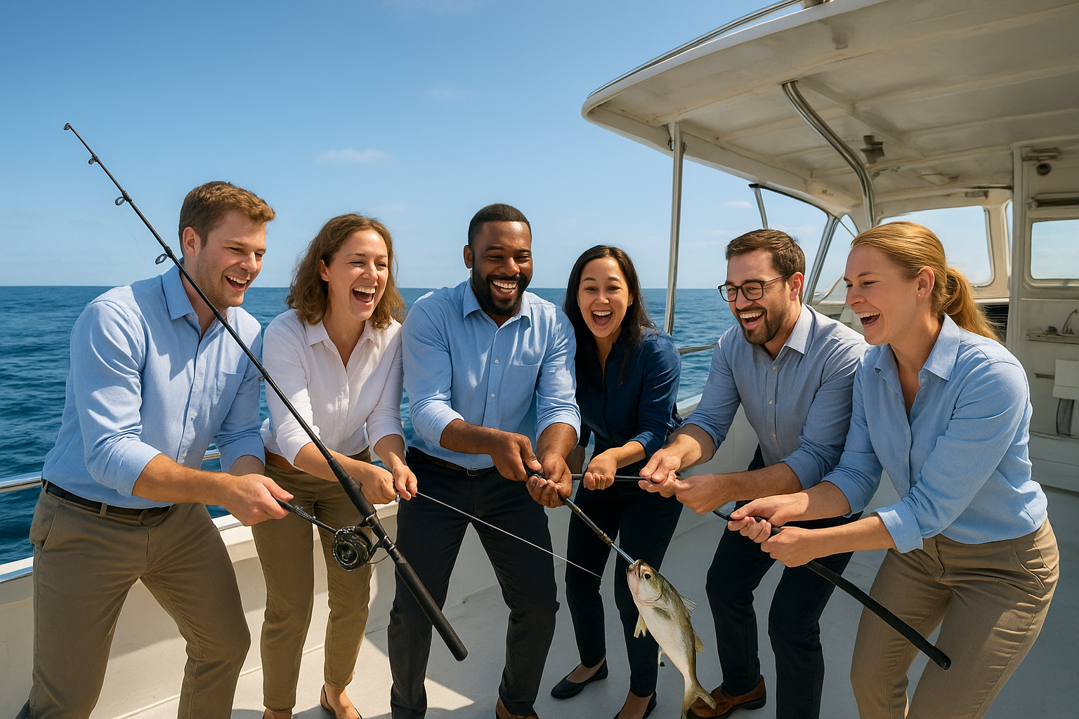 Corporate group team-building on a private offshore fishing charter near Myrtle Beach