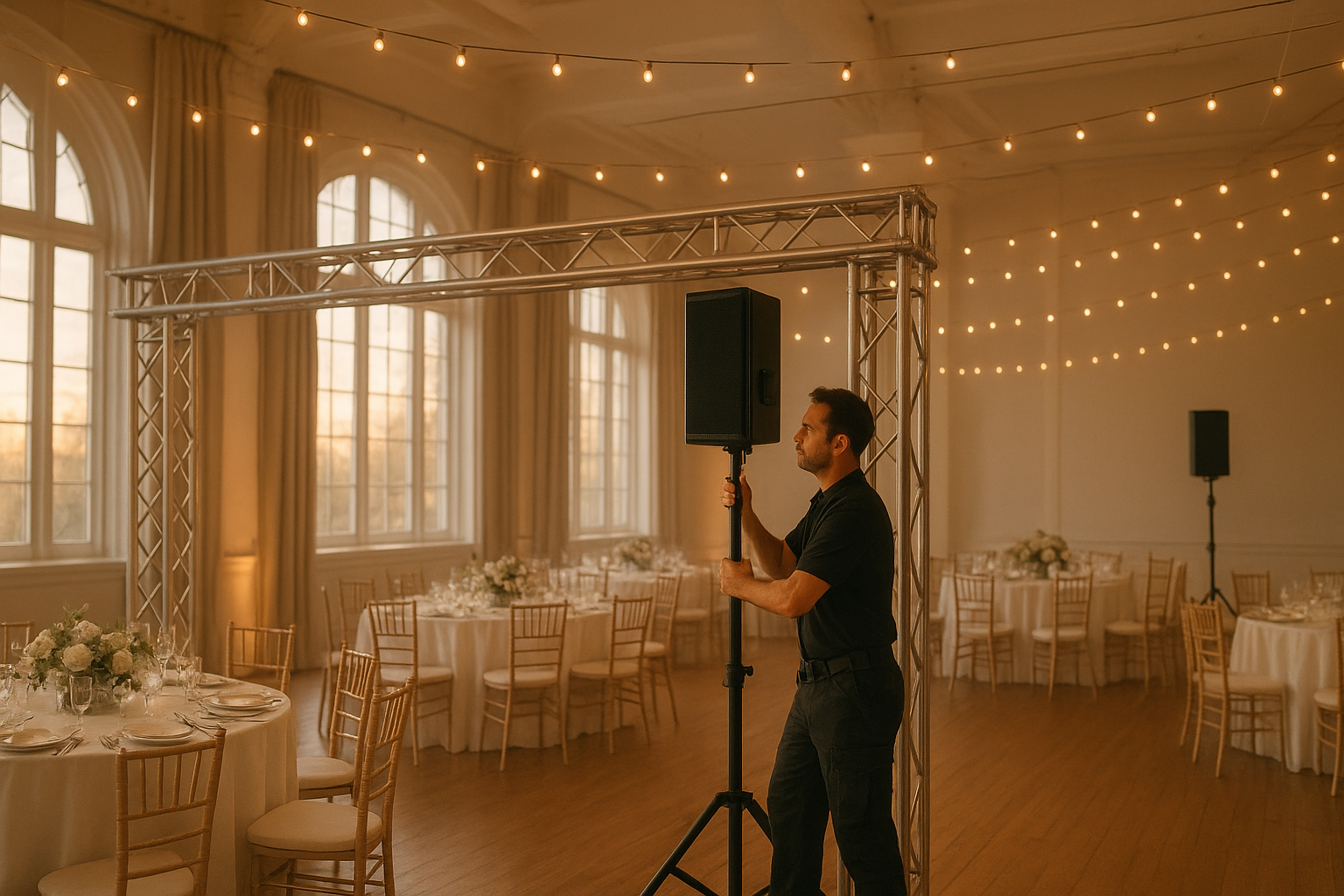 Technician installing temporary AV setups including speakers and lighting in a wedding reception hall