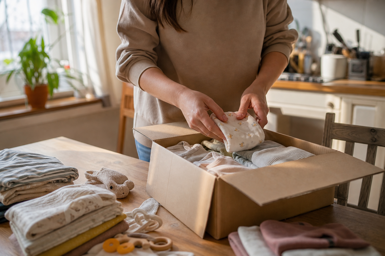 Parent packing outgrown baby clothes into a return shipping box for a clothing rental swap
