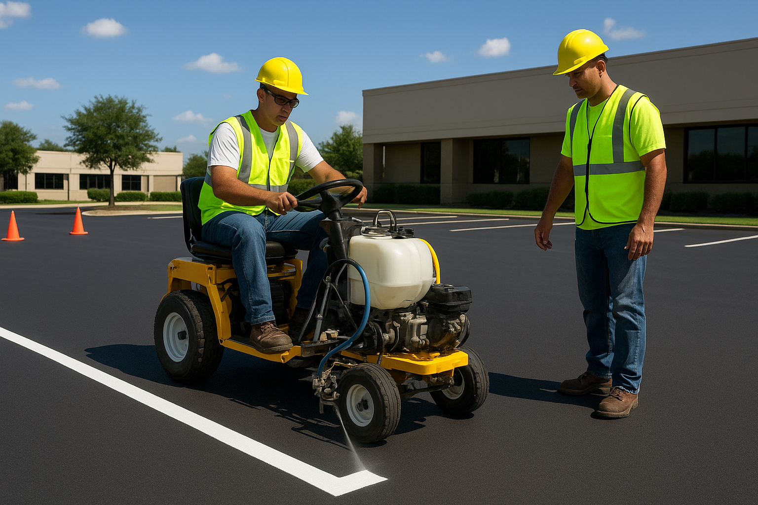 Parking lot striping crew operating a professional line marking machine to apply straight, durable stall lines