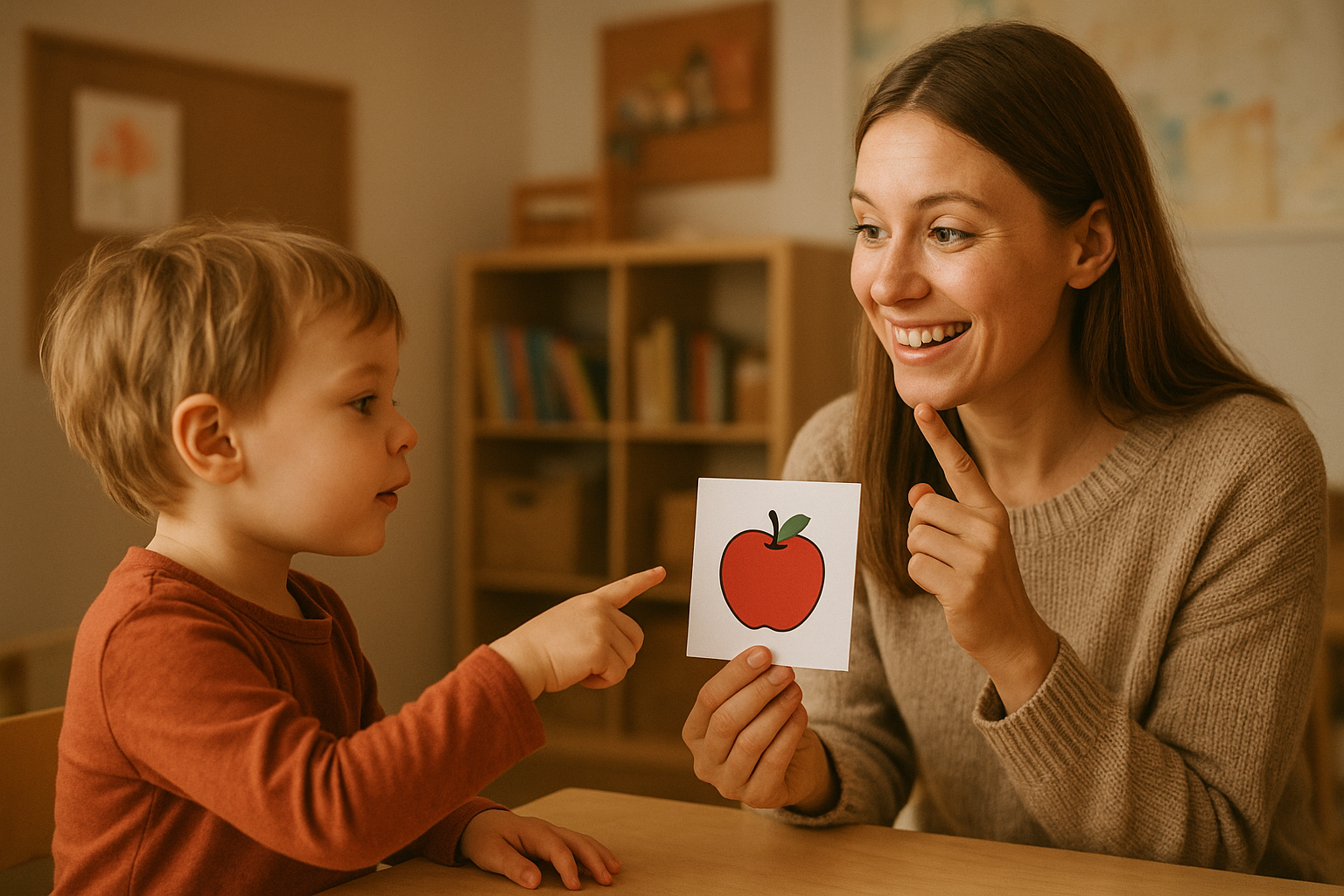Child pointing to a picture card while a therapist models a core word during an AAC session