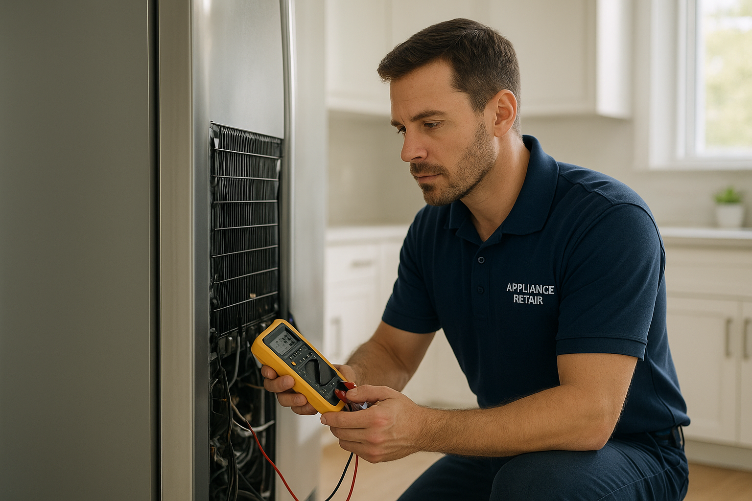 Technician performing professional appliance repair services on a kitchen refrigerator