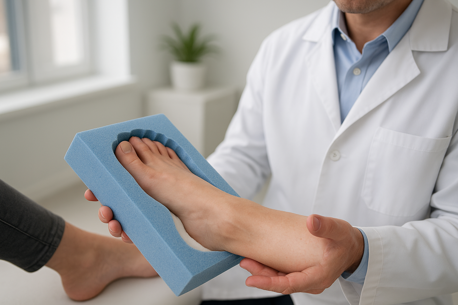 Podiatrist creating a custom mold of a patient's foot for orthotic fabrication
