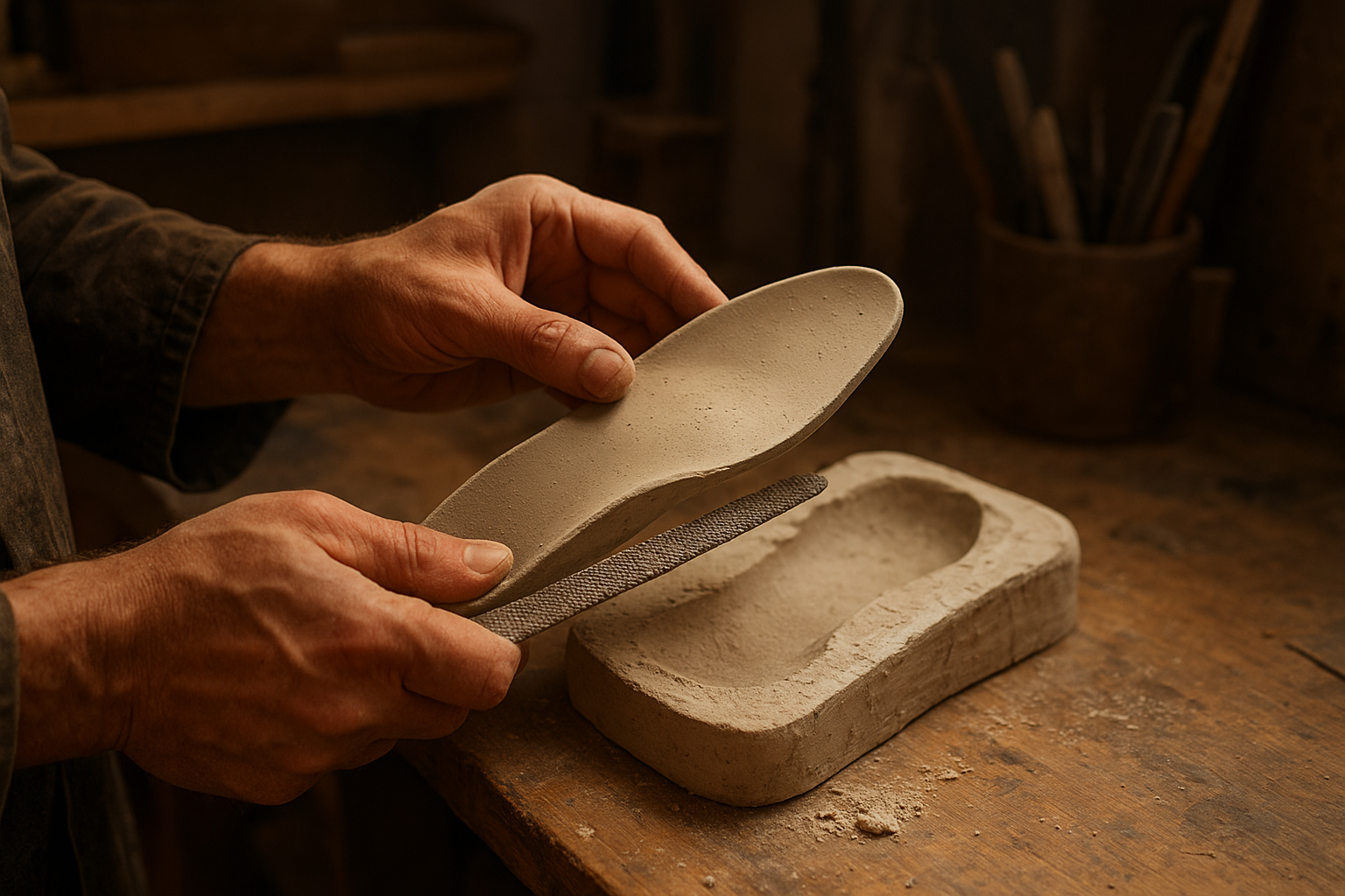 Technician hand-fabricating a custom orthotic insert from a foot mold