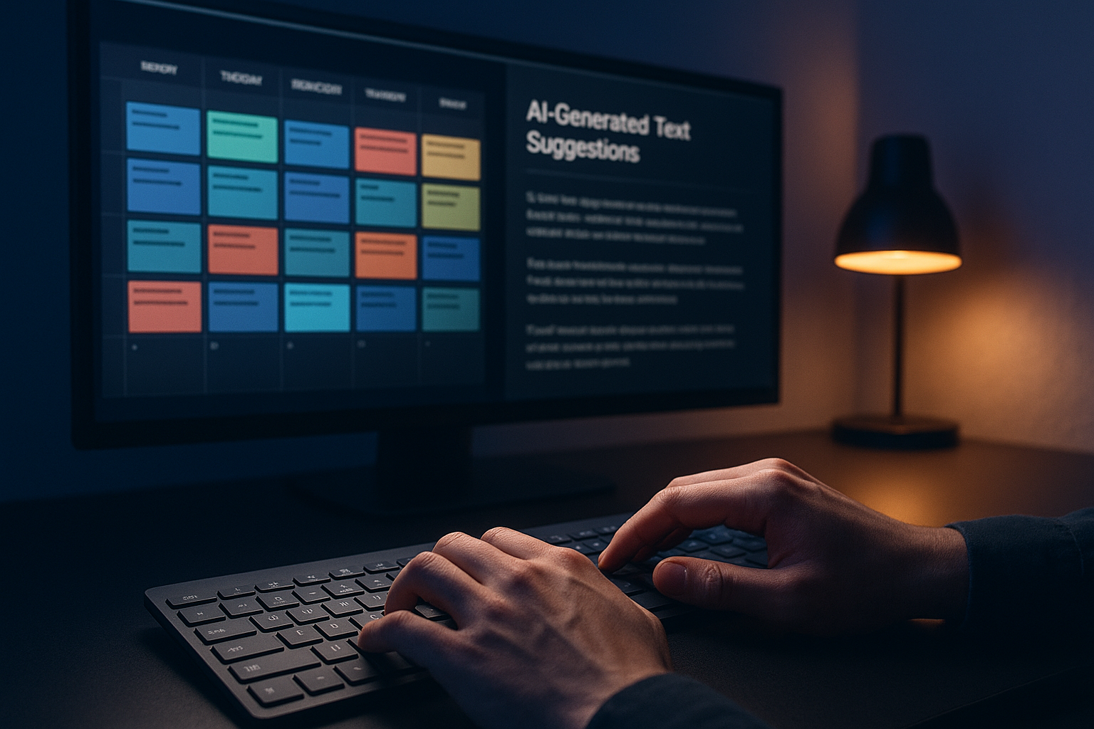 Marketer using AI content generation software to build a content calendar on a large monitor