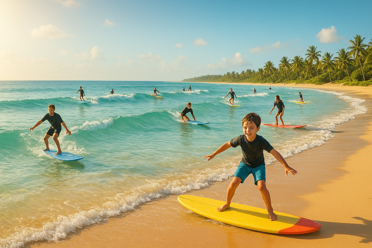 Surfers of all ages enjoying fun surf experiences on a tropical beach with turquoise waves