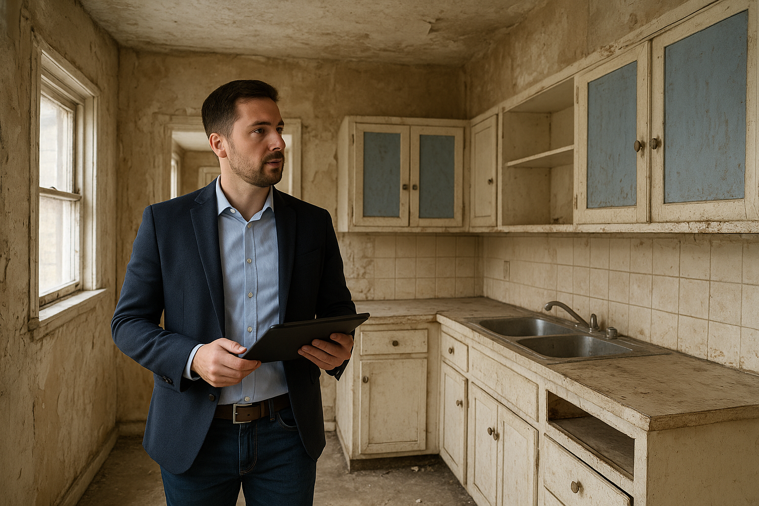 Investor estimating repair costs during a property walkthrough for a wholesale deal