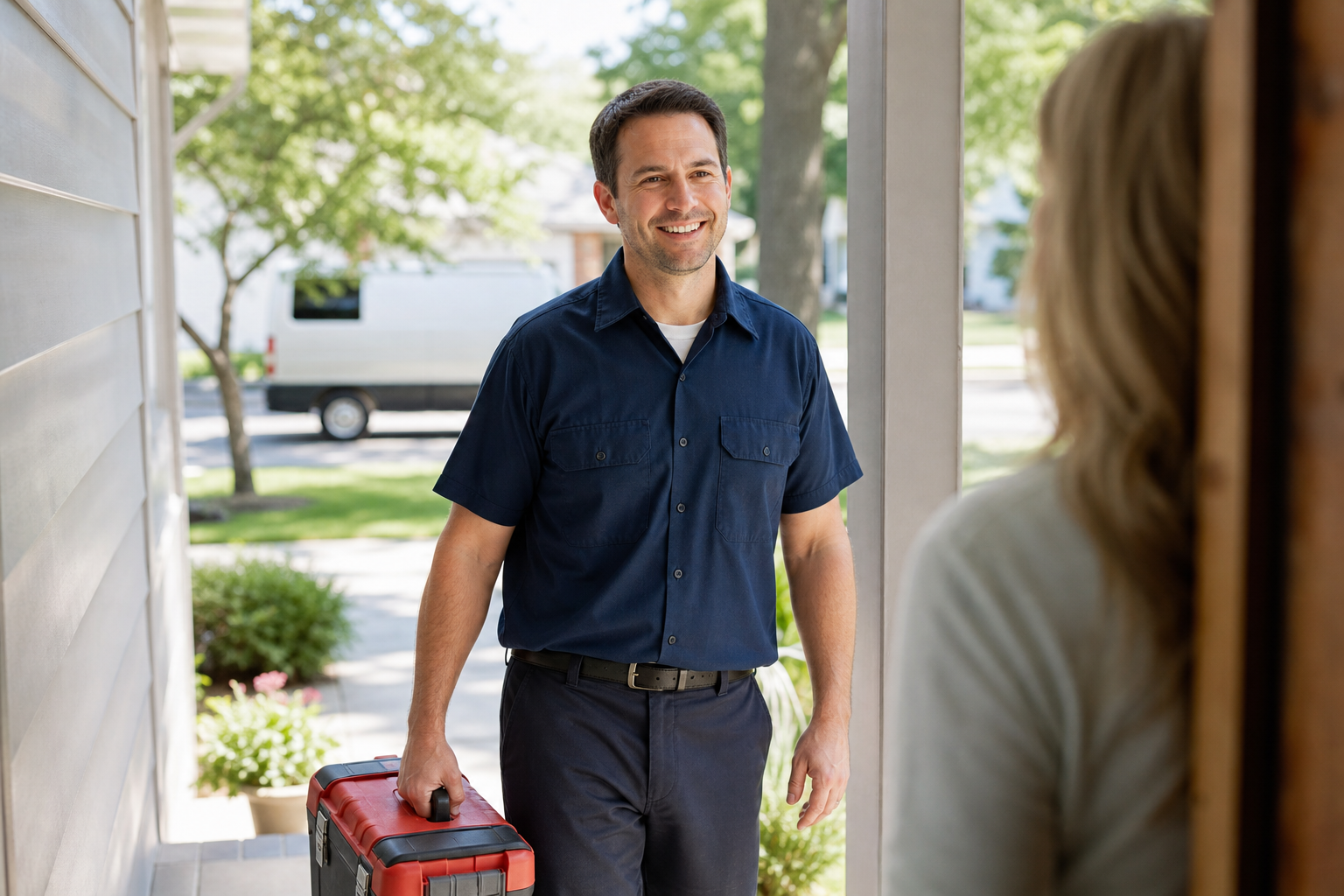 Home service technician arriving on time at a customer's house, representing a fixed arrival-window weakness