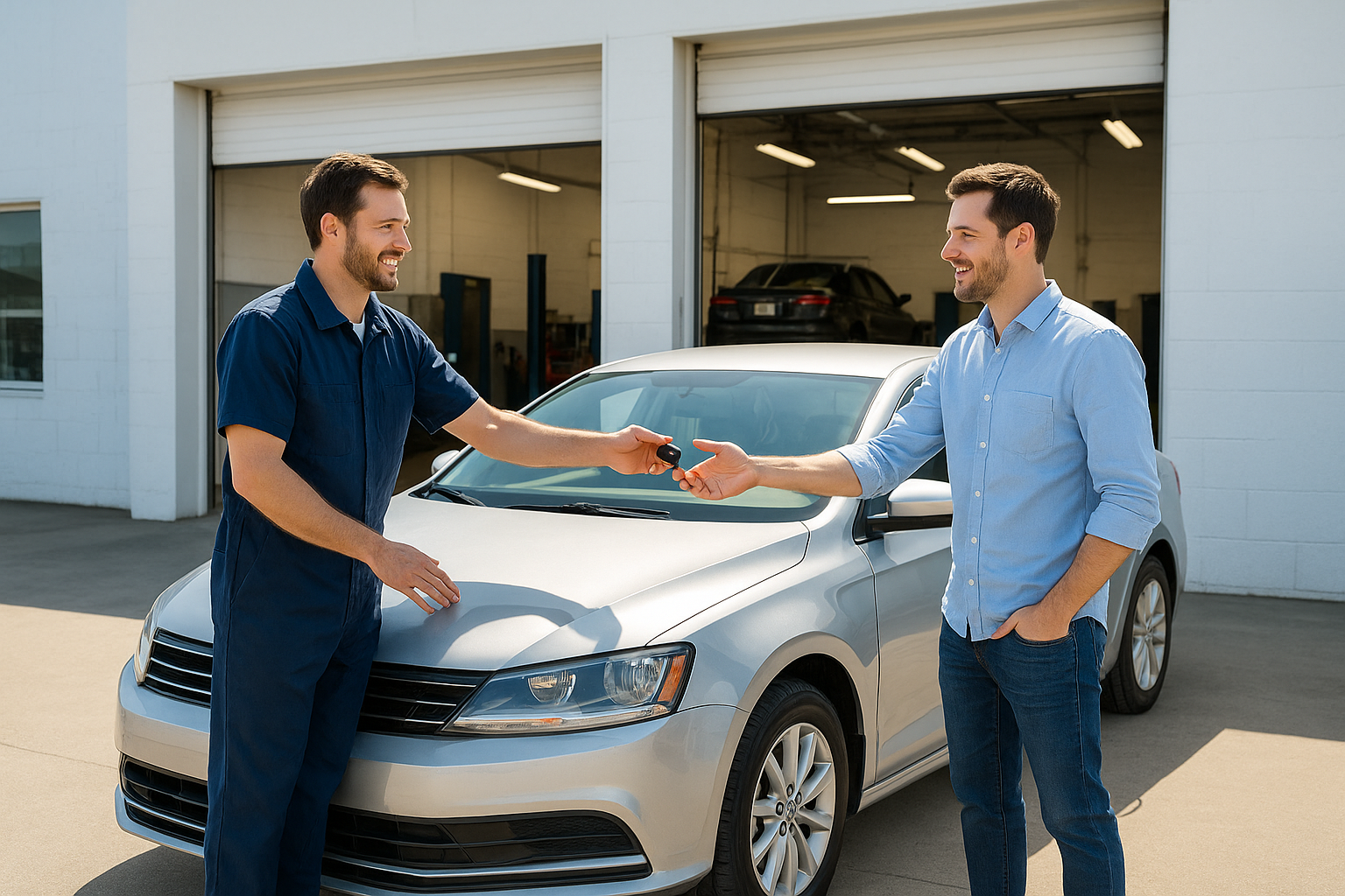 Vehicle owner receiving a repaired car after an insurance claim collision repair Brea appointment