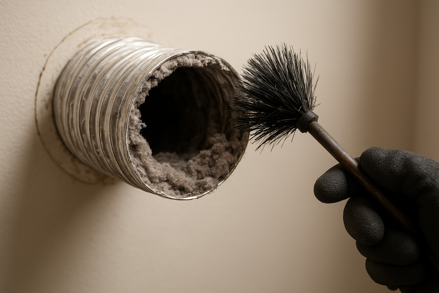 Technician inspecting a lint-clogged dryer vent duct during a maintenance visit