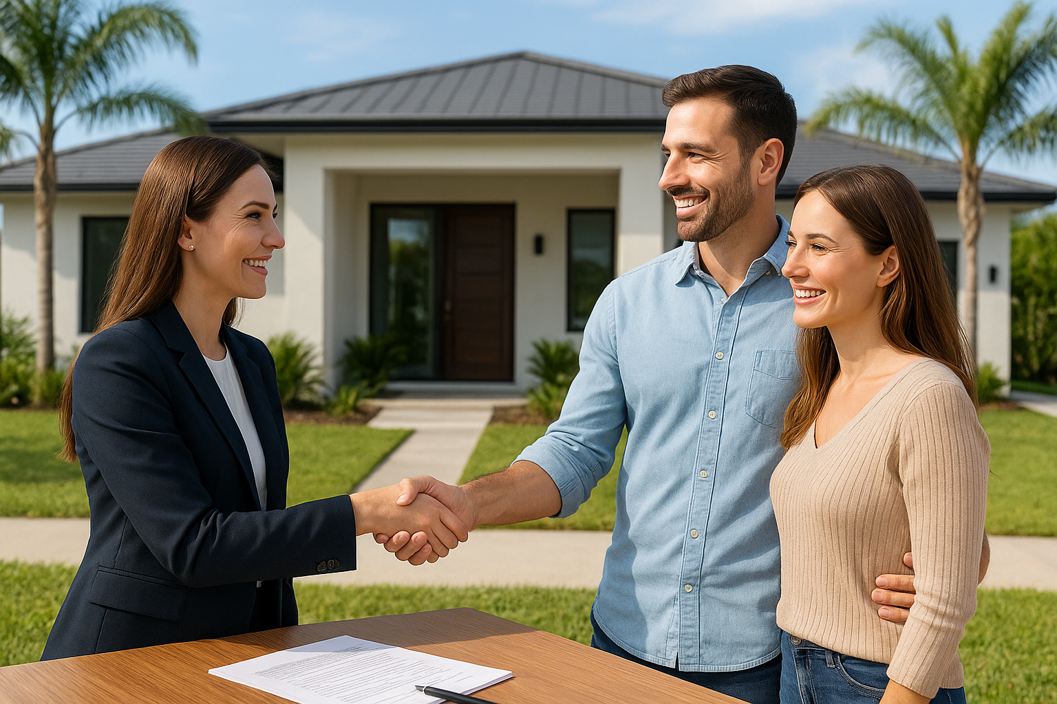 Real estate agent discussing Florida real estate options with buyers outside a home