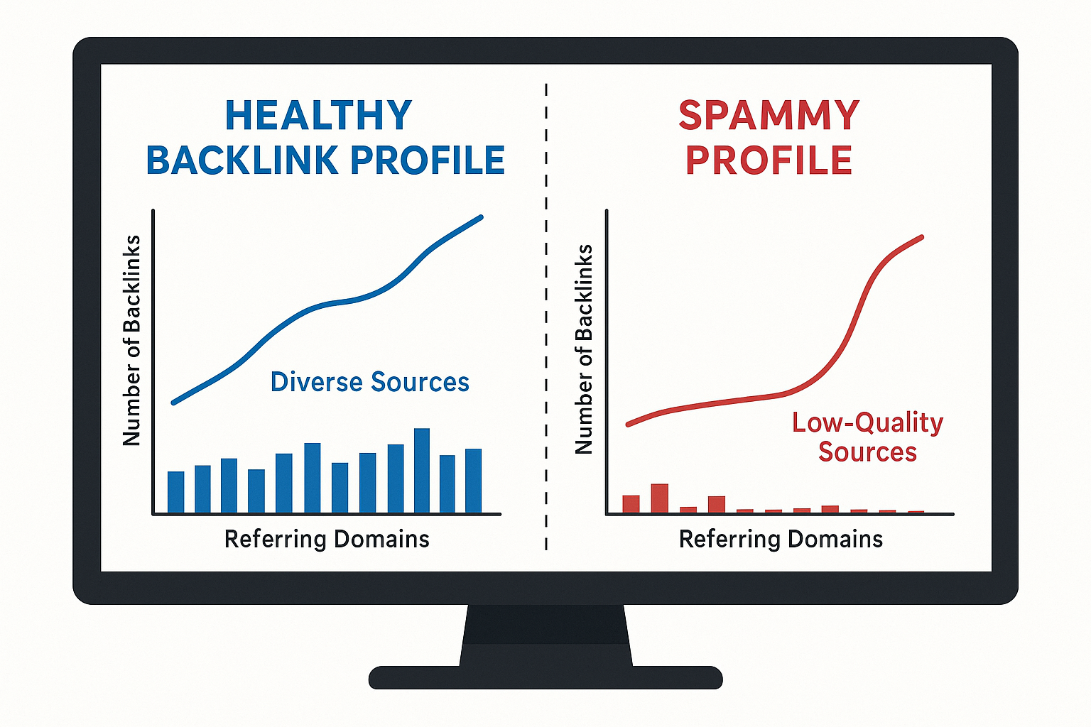 Comparison of a healthy backlink profile versus a spammy one showing referring domain diversity