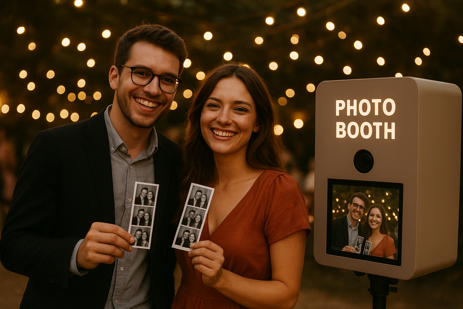 Guests holding freshly printed photos from a photo booth instant print rental at an evening event