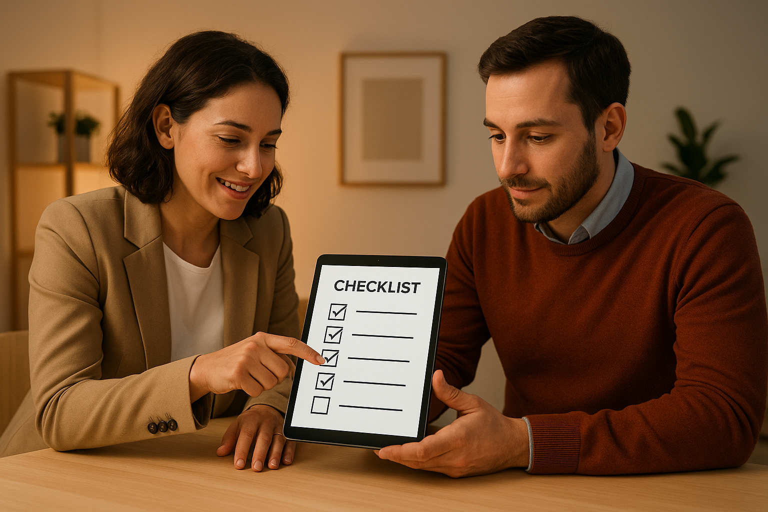 Business owner and HR consultant reviewing a compliance checklist together