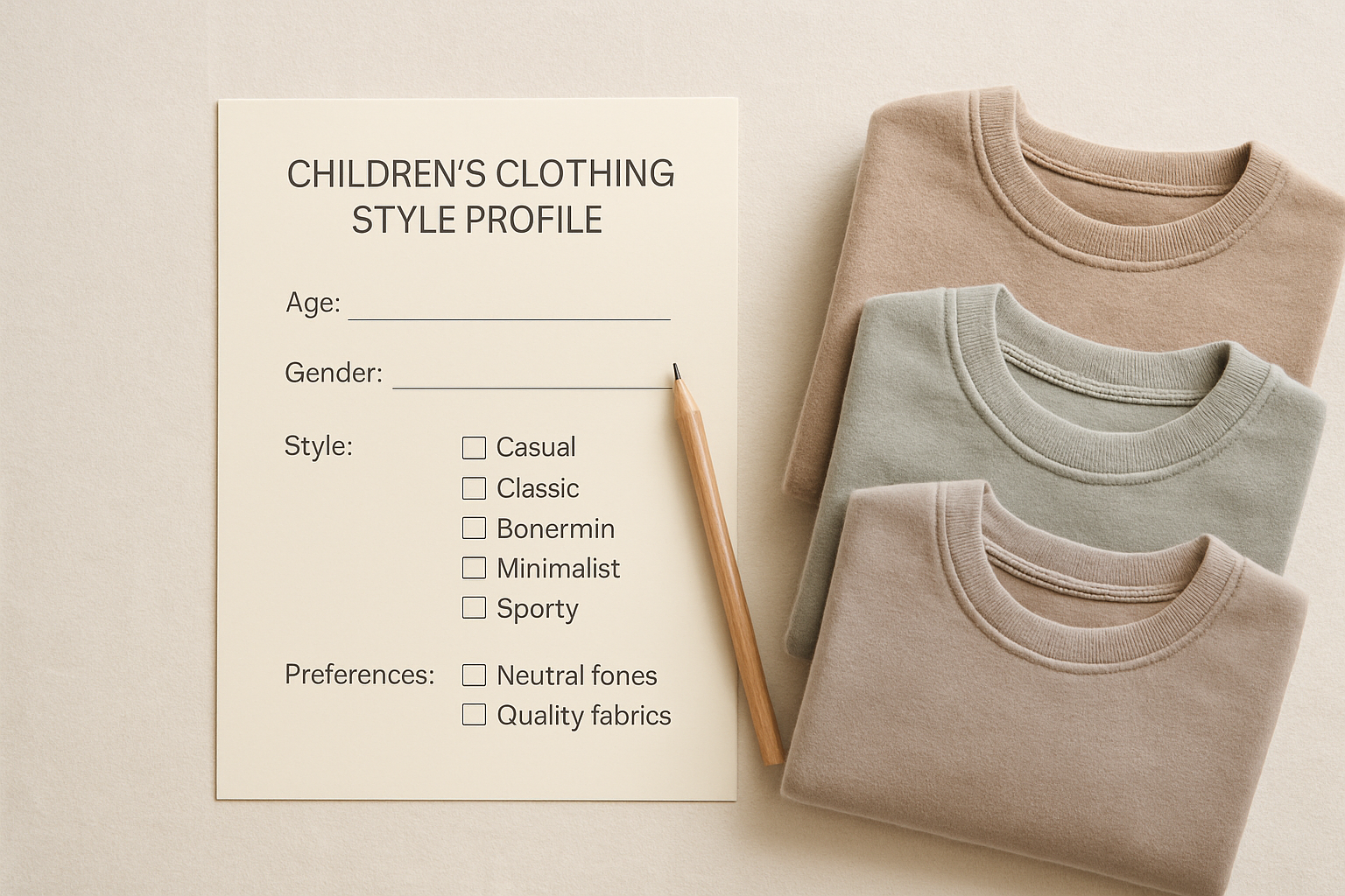 Children's clothing subscription style profile checklist beside neatly folded premium kids outfits
