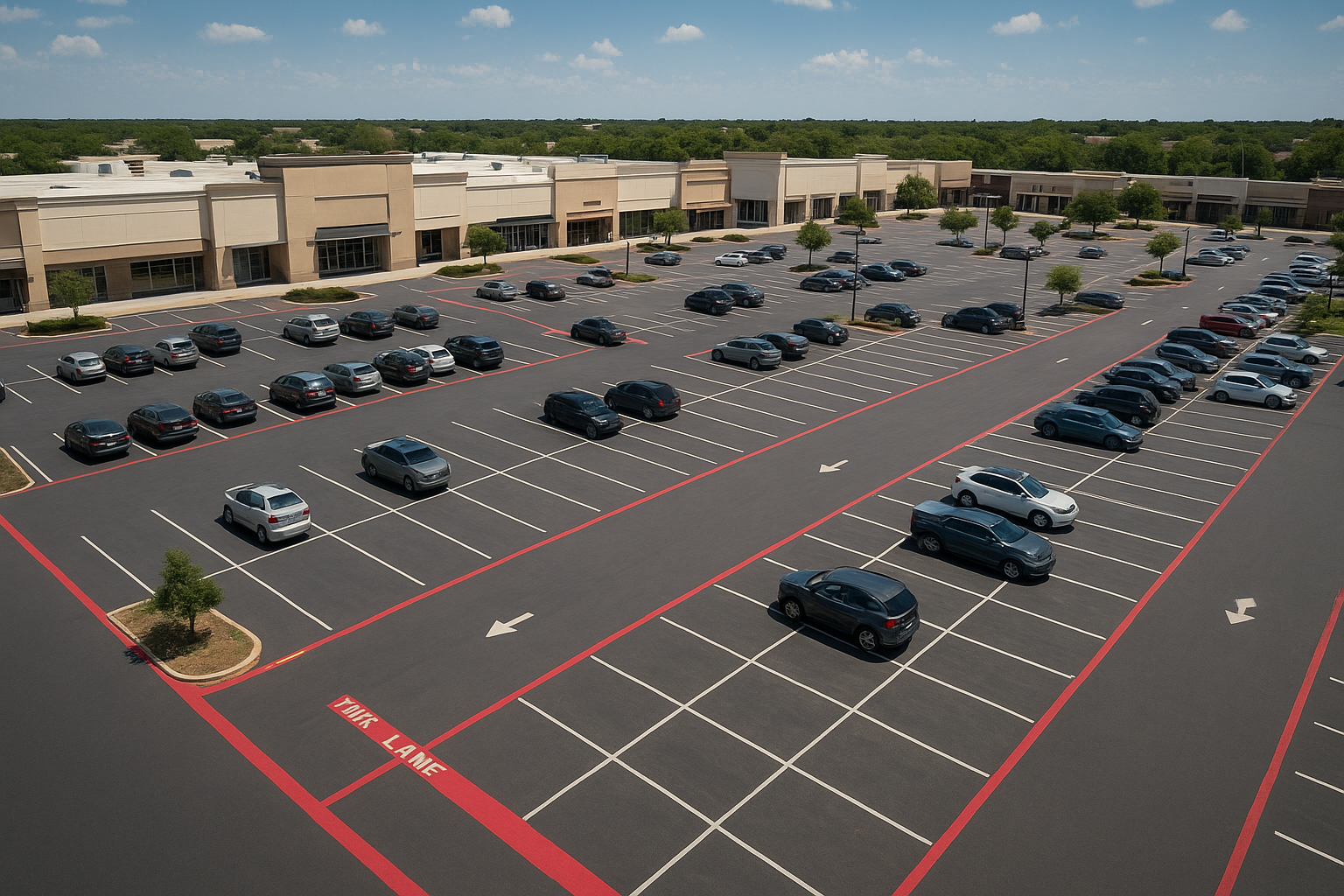 Aerial view of fire lane markings and directional arrows in a parking lot