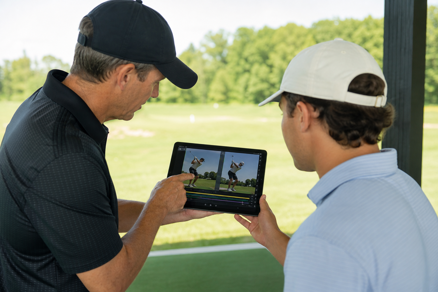 Golf coach and athlete reviewing swing mechanics on a tablet during a remote coaching session