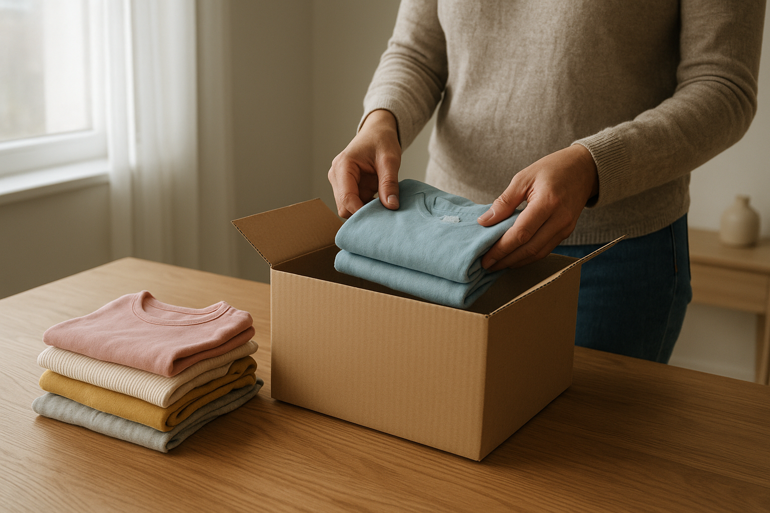 Parent packing a return shipment as part of a two-way shipping clothing swap