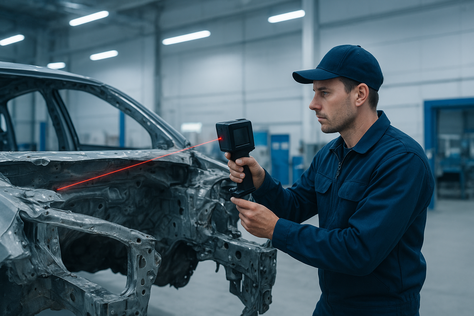 Technician performing Brea car frame repair using a laser measuring system